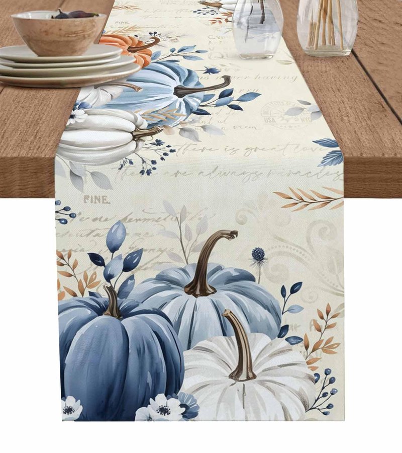 RisQiten Thanksgiving Fall Table Runner - 90 Inch Long Maple Leaf Blue Gray Pumpkin Cotton and Linen Blended Dress Scarves Farmhouse Table Runner for Kitchen Dining, Coffee Table, 13" x 90"