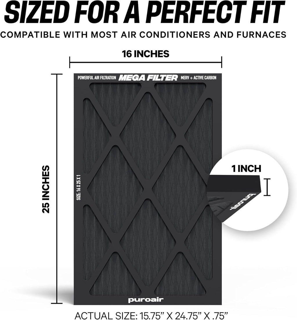 PuroAir MegaFilter - MERV 13 Activated Carbon Air Filter | Heavy-Duty 3-Layer 16x25x1 (2-Pack)