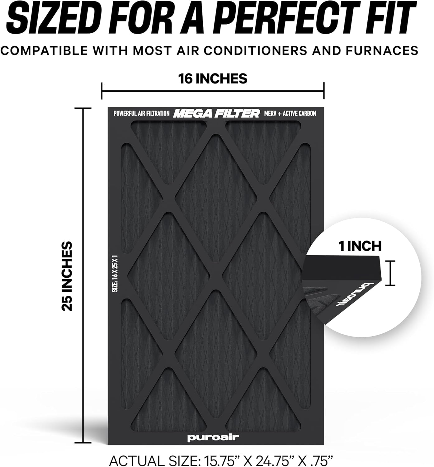 PuroAir MegaFilter - MERV 13 Activated Carbon Air Filter | Heavy-Duty 3-Layer 16x25x1 (2-Pack)