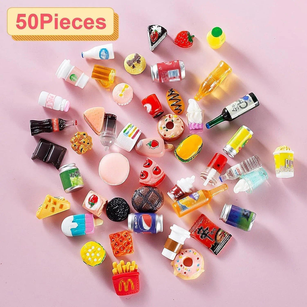 Skiennix Miniature Food & Drink Bottles - 50 Pcs for Dollhouse Play | Includes Soda Cans & Desserts