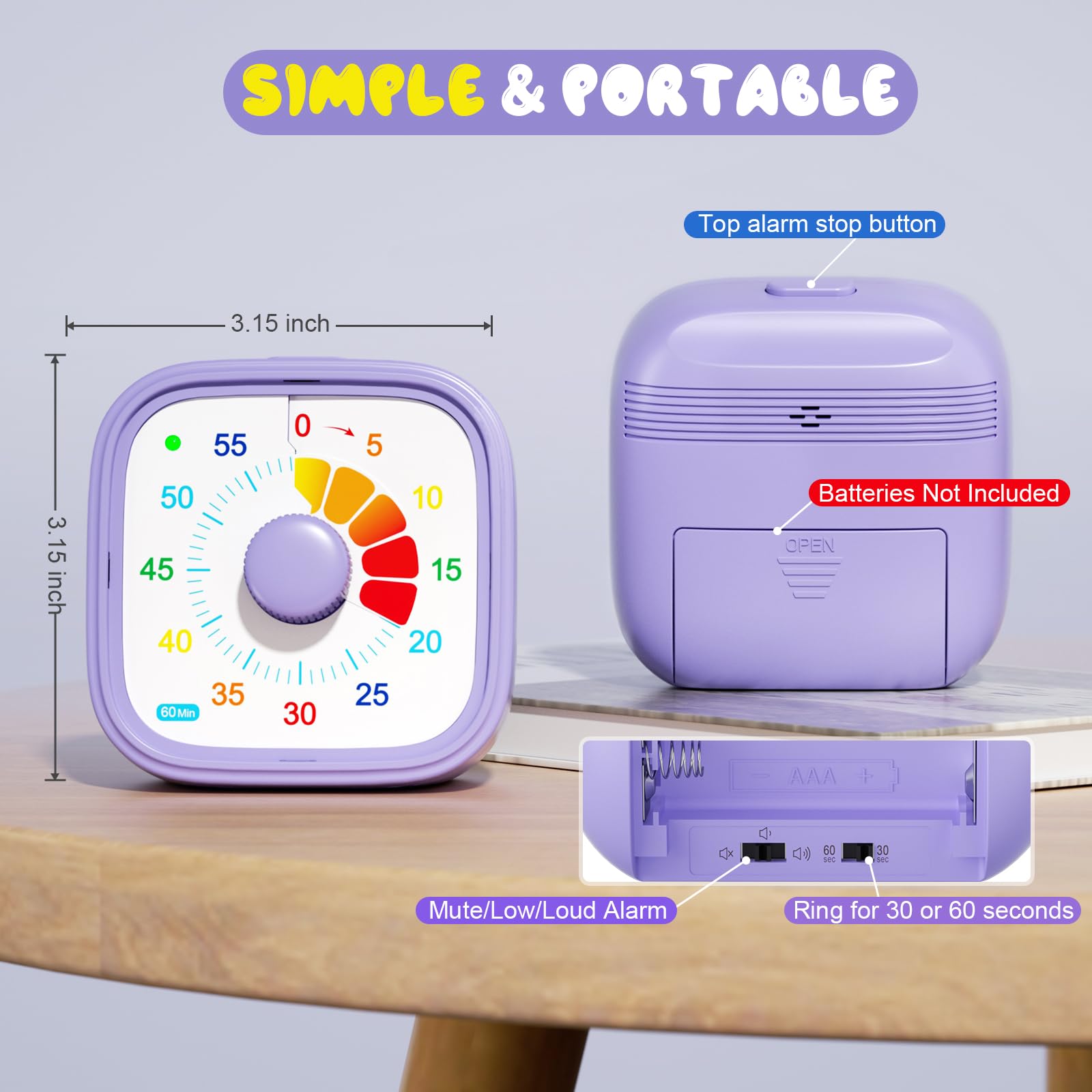 Visual Timer for Kids & Adults – 60-Minute Countdown Timer with Colorful Dial – Time Management Tool for Classroom, Homework, Cooking, and Productivity with Silent Operation