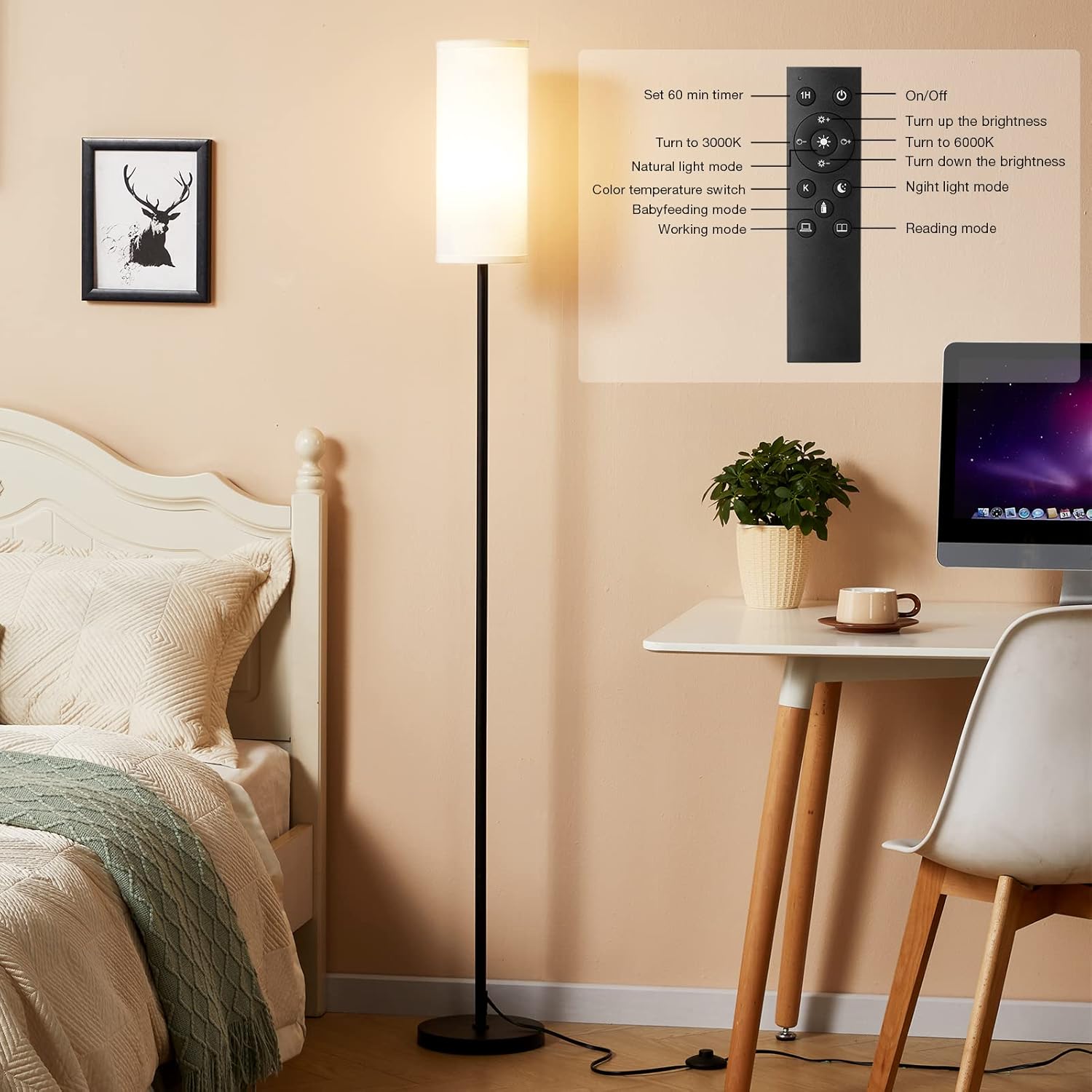 Ambimall Modern Floor Lamp - 64" Adjustable Brightness & Color Temperature with Remote Control | Ideal for Living Room, Bedroom, Office