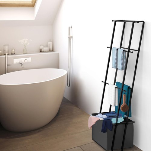 CANYAVE Blanket Ladder Towel Rack with Basket, Wall Leaning Ladder Towel Rack Blanket Holder Rack Drying Rack, 4-Tier Blanket Ladders for Living Room Bathroom (Black with Bag)