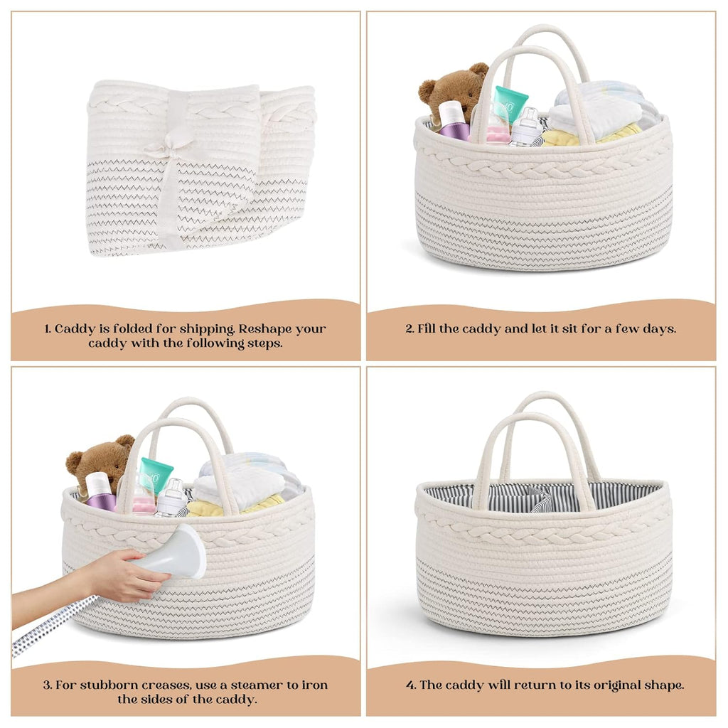 Skiennix Luxury Diaper Caddy Organizer - Large Cotton Rope Baby Basket for Nursery Storage | Off White