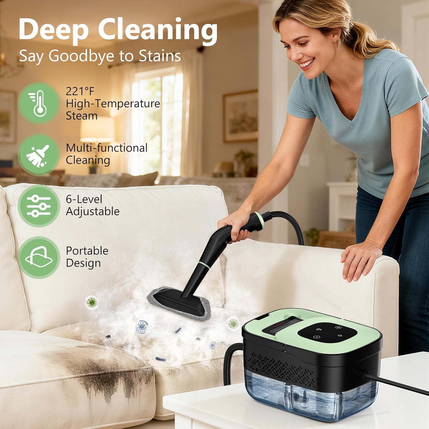 Portable Steam Cleaner by [Brand Name] - 16-Piece Accessory Set | 6-Level Adjustable Heat, Fast 15s Heat-Up for Home & Car Detailing