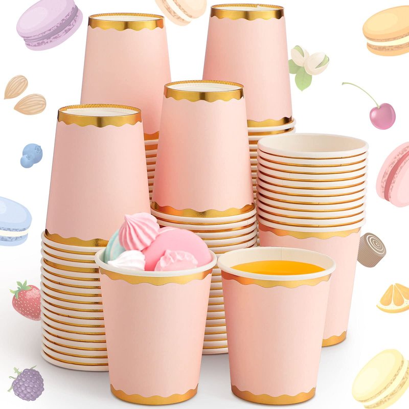 Funtery 100 Count 9 oz Light Pink Paper Cups Disposable Coffee Cup Pink Party Cup for Graduation Wedding Holiday Picnic Birthday Party Bridal Baby Shower Favor Coffee Beverage Tea