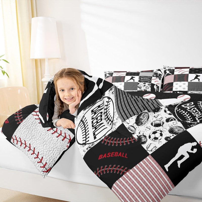 Erosebridal Twin Kids Baseball Comforter Set Softball Bedding Set Sports Game Quilted Comforter for Kids Patchwork Down Comforter Baseball Gift Duvet Insert 2pcs, Red Black Gray,Twin