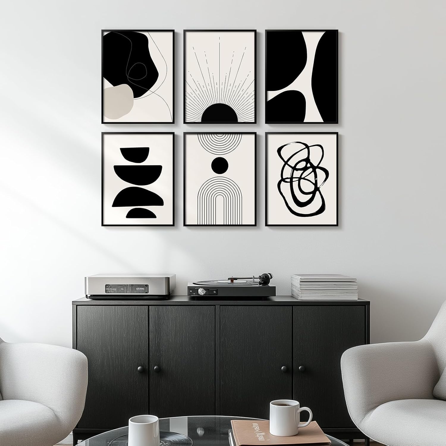 Skiennix Framed Boho Black and White Abstract Wall Art - Set of 6 Modern Canvas Prints | 11x14 Inch Decor