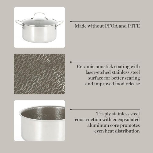 Martha Stewart Badgley Hybrid Nonstick Cookware Set - 10 Piece TriPly Stainless Steel Pots & Pans, Non-Toxic, Dishwasher Safe