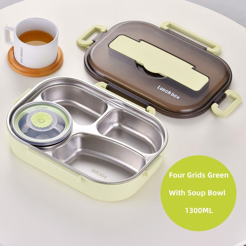 Insulated Lunch Boxes with a separate soup bowl,Stainless Steel Bento Box with Lid,4‑Grid Portable Box with Spoons,Chopsticks and Lunch Bag,Leakproof Lunchbox Set for Work Travel Camping (Green, 1.5L)