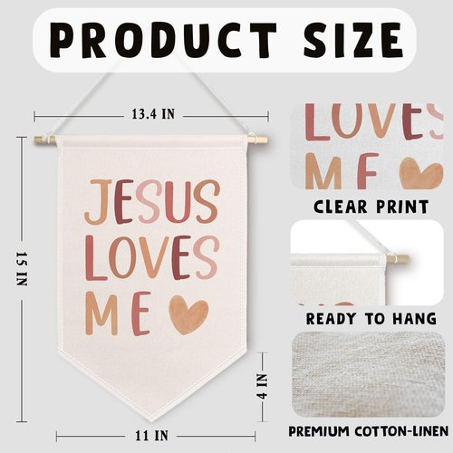 ChissNook Christian Nursery Canvas Banner Set of 2, Boho Nursery Decor Girl Boy Hanging Pennant Banner Flags Wall Display, I Am a Child of God Jesus Loves Me Wall Decor for Kids Room Bedroom Playroom