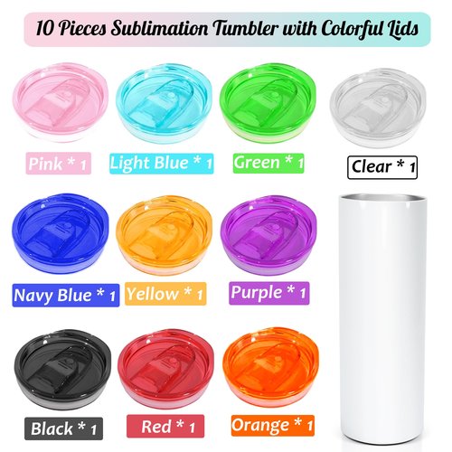 AGH 10pcs 20 oz Sublimation Tumbler Flat Edge Blanks, 20oz Sublimation Tumblers Skinny Straight Cups Bulk with Colorful Lid, Individual Box, Plastic Straw For Coffee Drinks