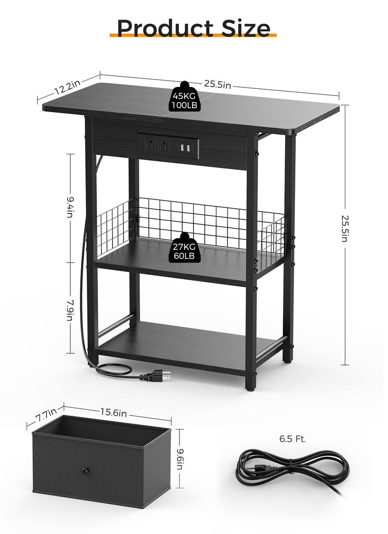 End Table with Charging Station, 25.5” Sofa Side Table with USB Ports and Outlets, Narrow Nightstand with Fabric Drawer, Slim Bedside Table with Storage for Living Room Bedroom Home Entryway, Black