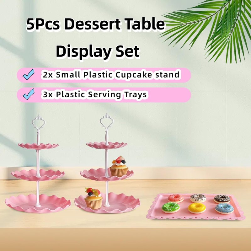 RAUVOLFIA 5 Pcs Dessert Stand Set, 2X Small 3 Tiers White Plastic Cupcake Stand Holder & 3X Rectangle Party Serving Trays/Platters for Wedding Birthday Baby Shower Tea Party Buffet (Pink)