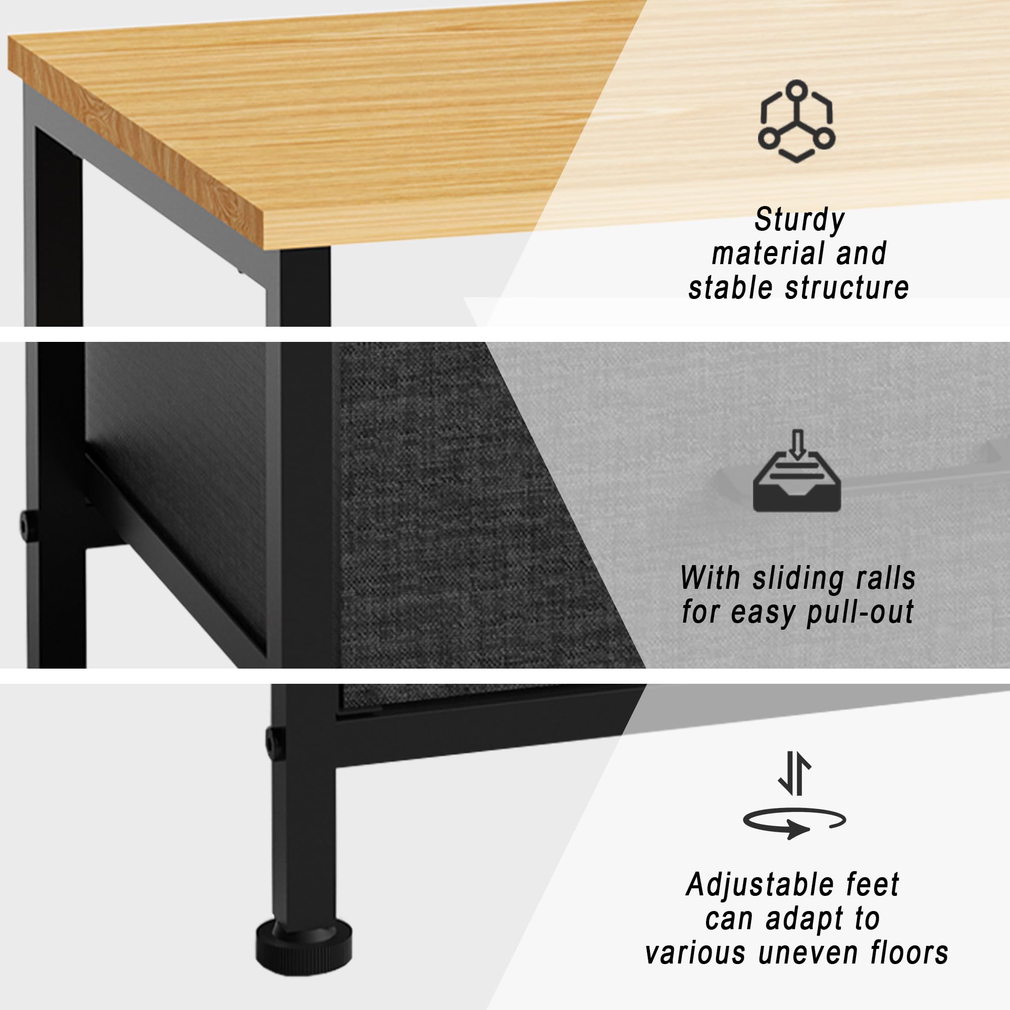 YUJSBHJAN Nightstand with Fabric Drawers, 2-Tier Storage Side Table,End Table with Open Shelf, Night Stand for Living Room, Natural and Black