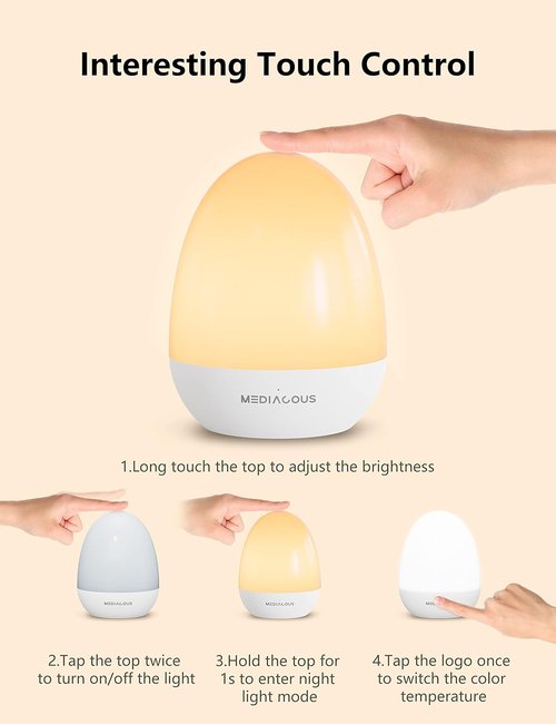 MediAcous Night Light - Dimmable Egg Design for Nursery | Touch Control & 1-Hour Timer, 200H Battery Life
