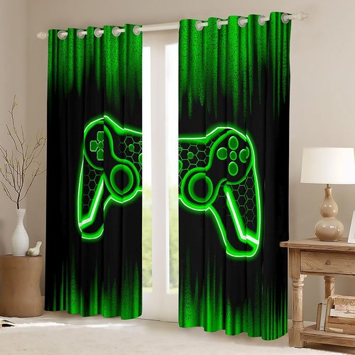 Feelyou Gamer Curtains for Bedroom Living Room (2 Panels, 38 x 45 Inch) Kids Game Controller Blackout Curtains Boys Teens Green Black Darkening Drapes Gaming Window Treatments