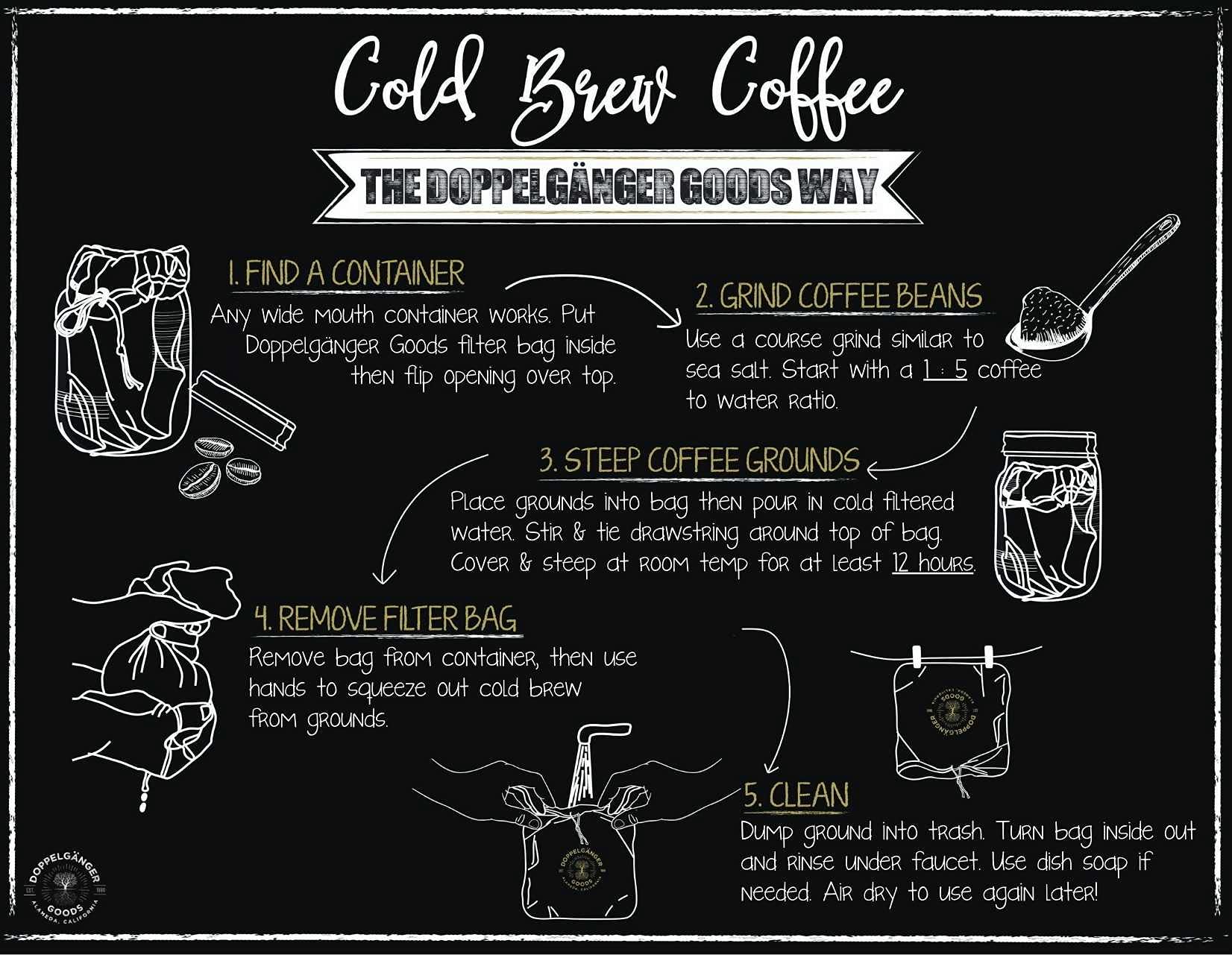 (2-Pack, Medium 8in x 12in) Organic Cotton Cold Brew Coffee Bag - Designed in California - Reusable Coffee Filter with EasyOpen Drawstring Cold Brew Maker for Pitchers, Mason Jars, & Toddy Systems