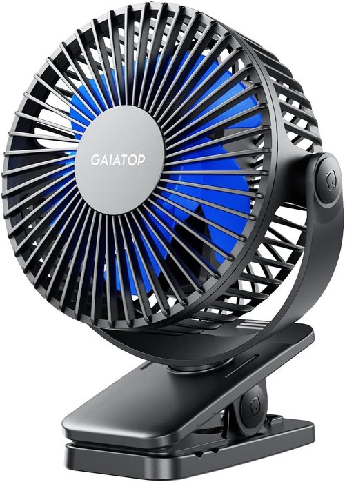 Gaiatop Portable Clip-On Fan - Battery Operated Mini Cooling Fan with 3 Speeds | USB Rechargeable, 360° Rotation, Ideal for Home, Office, and Camping - Black/Blue