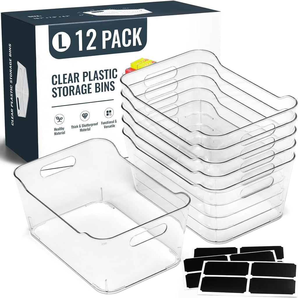 SOHO Collection Clear Plastic Storage Bins - 12 Pack for Home, Kitchen, Office Organization | Large Size