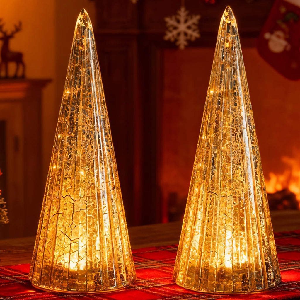 Regine Switzerland Set of 2 Mercury Glass Christmas Tree Figurines - LED Indoor Table Centerpiece Decorations