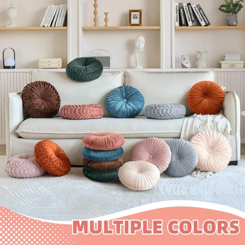 Teieas 2 Pcs Round Throw Pillows Pleated Velvet Pumpkin Round Pillows Floor Cushion for Living Room Couch Chair Bed Sofa 15.7"x15.7"/13.8" x 13.8" (Orange)