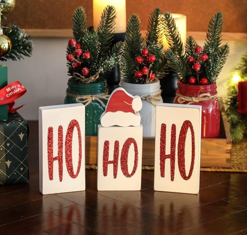 Ho Wood Christmas Blocks - Festive Wooden Tabletop Decor for Holiday Parties | 4 White Signs