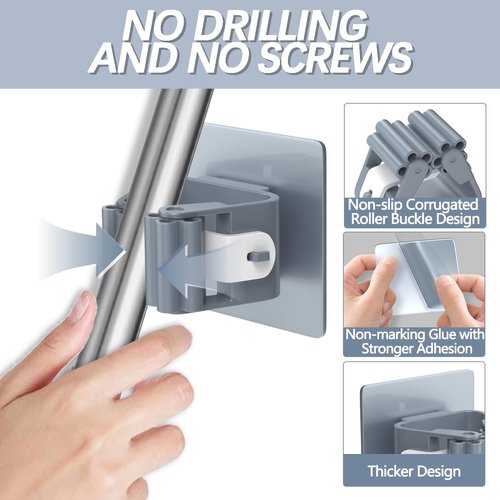 3-H Broom Holder Wall Mount - Heavy Duty No Drill Organizer for Garage & Kitchen | 4-Pack Plastic Storage Rack