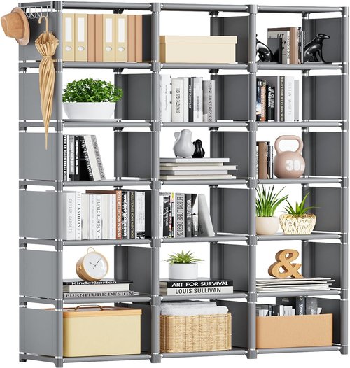 Mavivegue Bookshelf - Extra Large 18-Cube Storage Organizer for Home & Office | Grey Cubbies Shelf