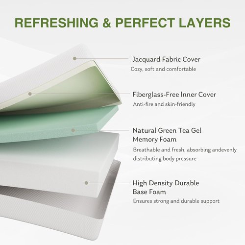 EGOHOME 10-Inch Queen Memory Foam Mattress - Cooling Green Tea Gel for Pressure Relief | CertiPUR-US Certified, 80''L x 60''W, White