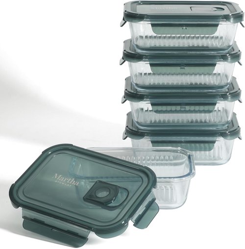 Martha Stewart Shadowbrook 5-Piece Glass Storage Container Set - Airtight Lids, 21.6 oz for Meal Prep & Leftovers