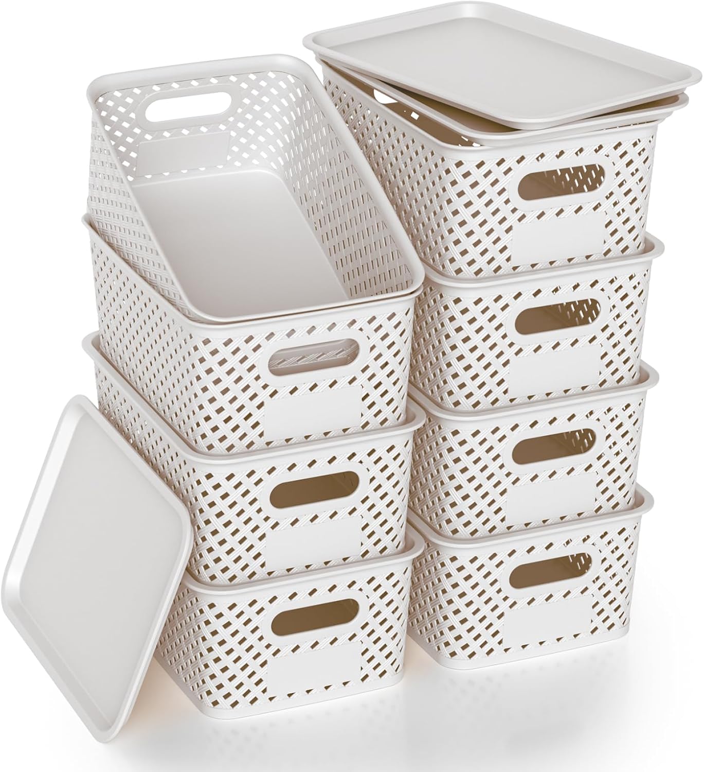 Skiennix Plastic Storage Bins - Stackable Organizing Boxes with Lids | 8-Pack, 10.2x7.2x4.1 Inch, White