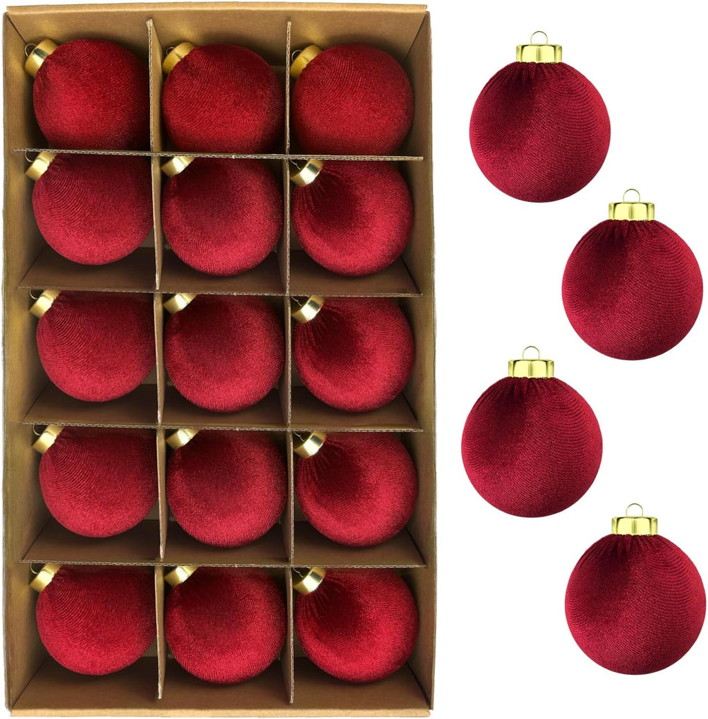 Regine Switzerland Dark Red Velvet Christmas Tree Ornaments - 15 PCS Shatterproof 3.15 Inch Baubles