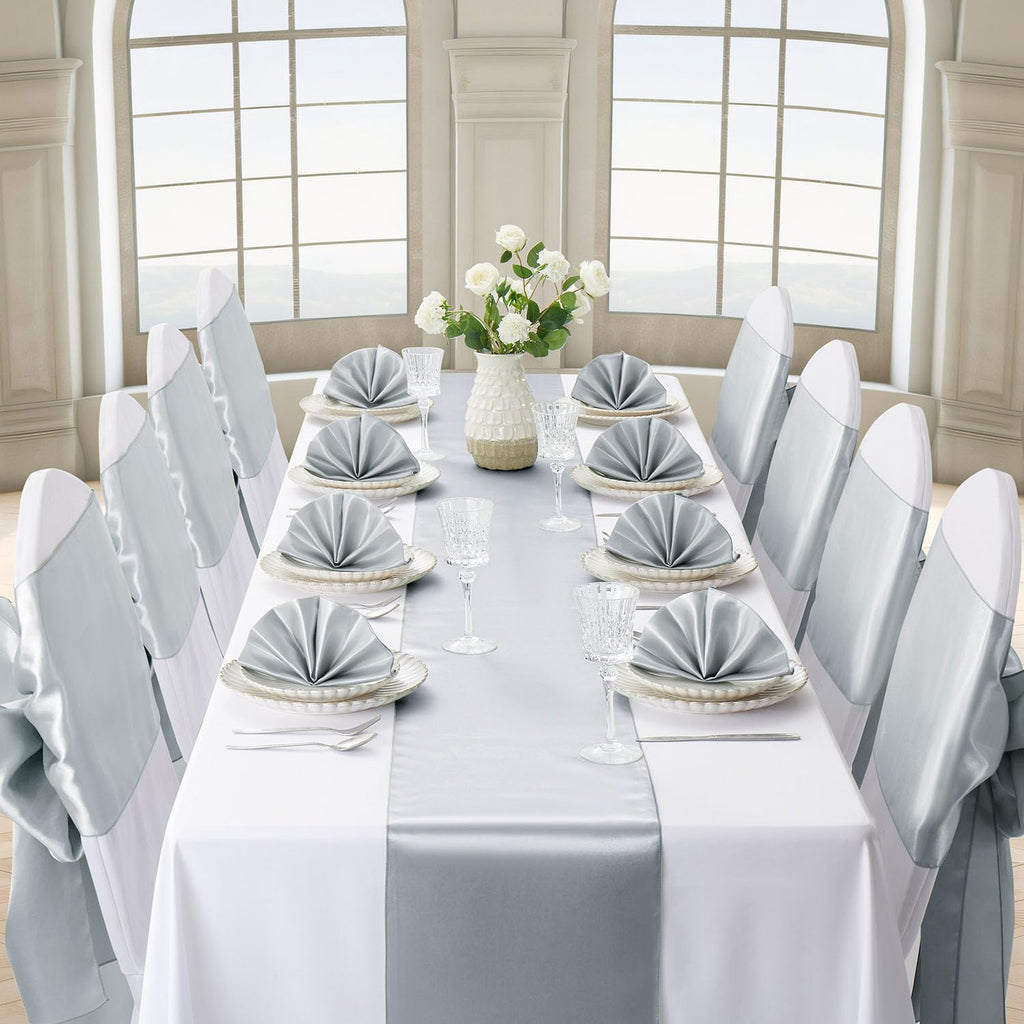 Skiennix Silver Table Runner - Satin Silk-Like Smooth Decor | 12 Pack, 12x108 Inches for Weddings & Parties