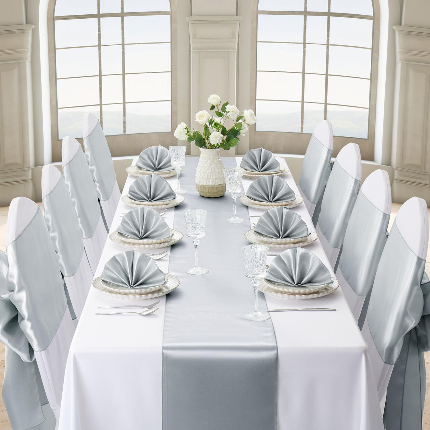 Skiennix Silver Table Runner - Satin Silk-Like Smooth Decor | 12 Pack, 12x108 Inches for Weddings & Parties