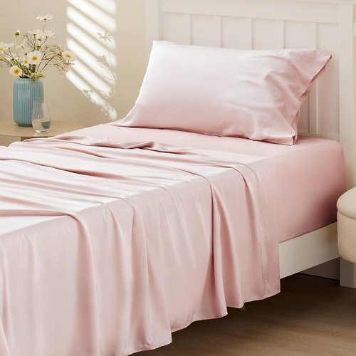 Bedsure Cooling Twin XL Sheets - Breathable Rayon from Bamboo, Soft & Silky, Deep Pocket Up to 16 Inches, Pink