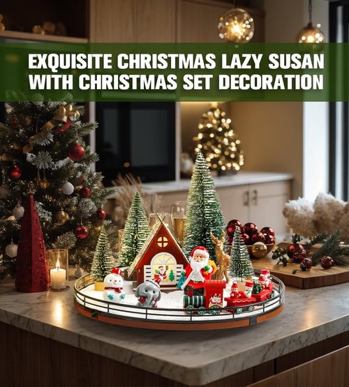 AMH Christmas Table Decorations Set - 12 PCS Xmas Town Village Centerpiece with Santa, Train, House & Trees