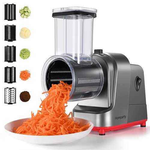 Electric Cheese Grater, Salad Maker With 5 Different Shapes of Blades, 250W Electric Slicer Shredder, Electric Salad Machine for Cheeses, Fruits and Vegetables, Silver