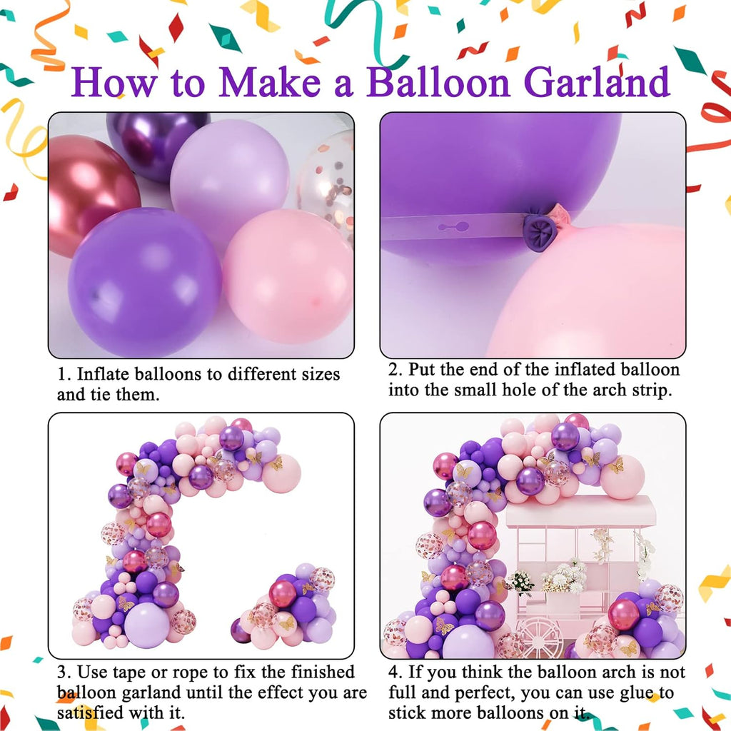 RUBFAC 143-Piece Pink & Purple Balloon Garland Kit - Butterfly Decorations for Baby Showers & Parties