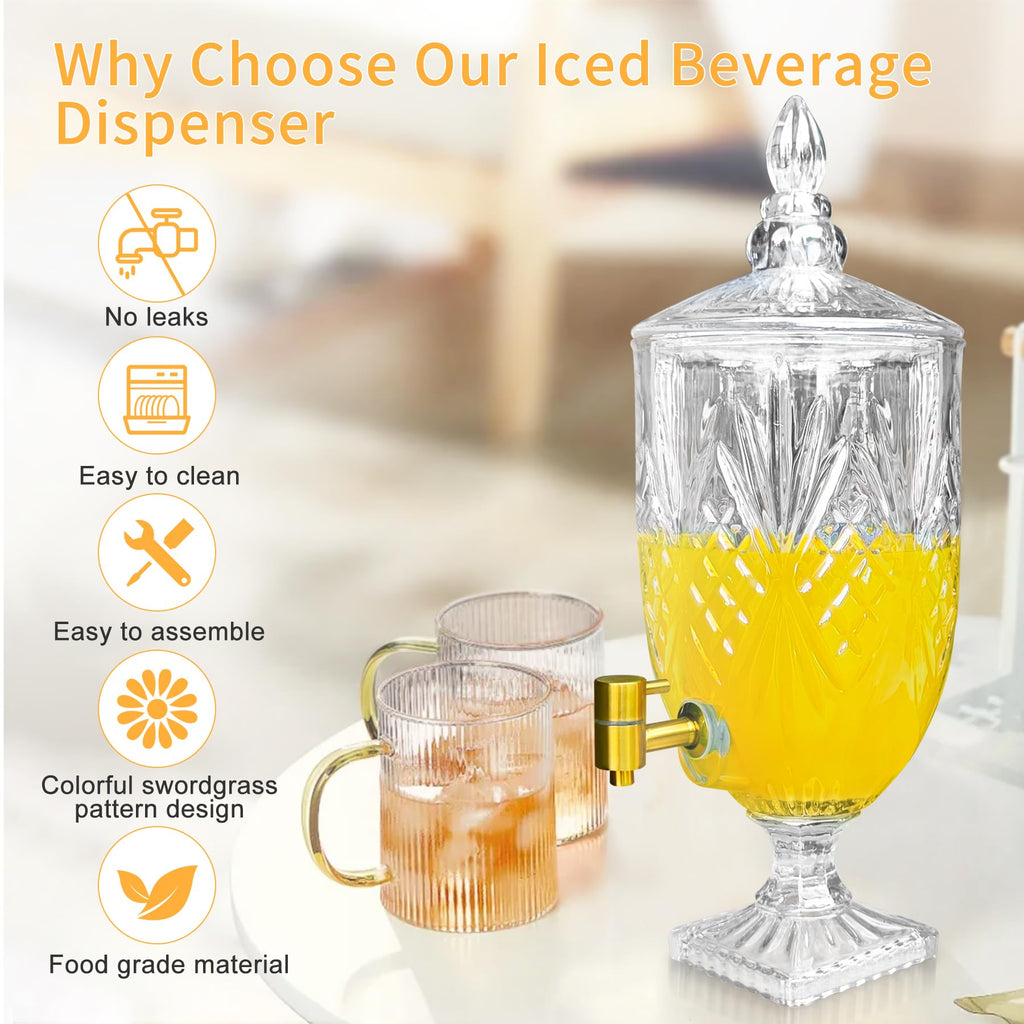 1.3 Gallon Glass Drink Dispenser, Glass Beverage Dispenser with Spigot for Party Bar Wedding, Crystal Collection Jug, Wide Mouth with Lid, Iced Beverage Dispensers (1.3gal colorful)