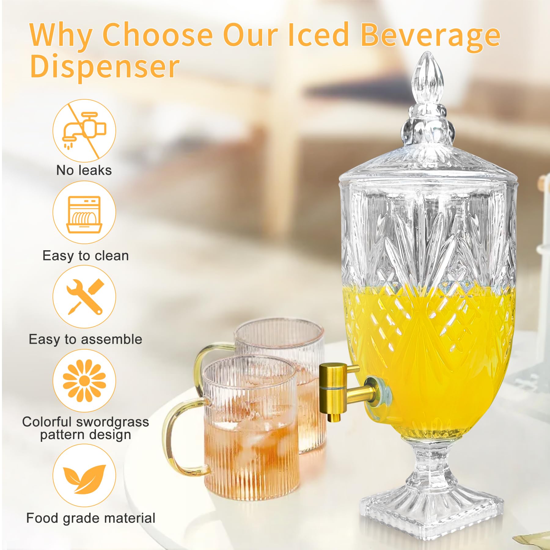 1.3 Gallon Glass Drink Dispenser, Glass Beverage Dispenser with Spigot for Party Bar Wedding, Crystal Collection Jug, Wide Mouth with Lid, Iced Beverage Dispensers (1.3gal colorful)