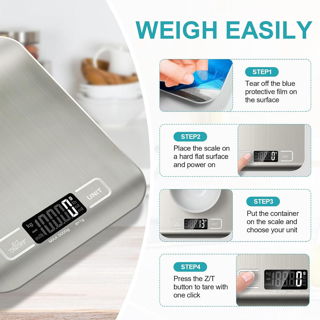 Skiennix Food Scale - 11lb Stainless Steel Digital Kitchen Scale with LCD Display | Tare Function, 6 Units