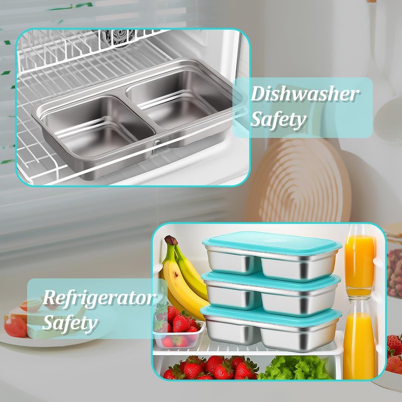 WandaQueen 4 Pack Stainless Steel Snack Containers Reusable with Lid, Grab and Go 2 Compartment Snack Food Storage Containers for School Travel and Outdoor Camping Dishwasher Safe