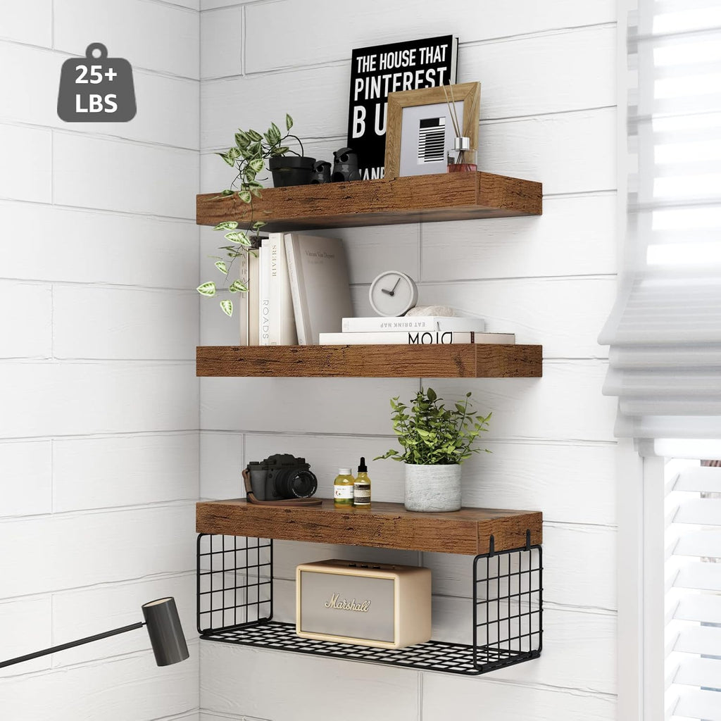 QEEIG Bathroom Shelves - Over Toilet Wall-Mounted Floating Storage | Rustic Brown Set of 3, 16 Inch