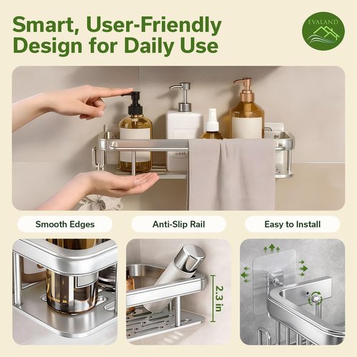 EVALAND Shower Caddy - Adhesive 2-Pack with Hooks & Rod for Towels | Premium Rustproof Bathroom Organizer in Silver