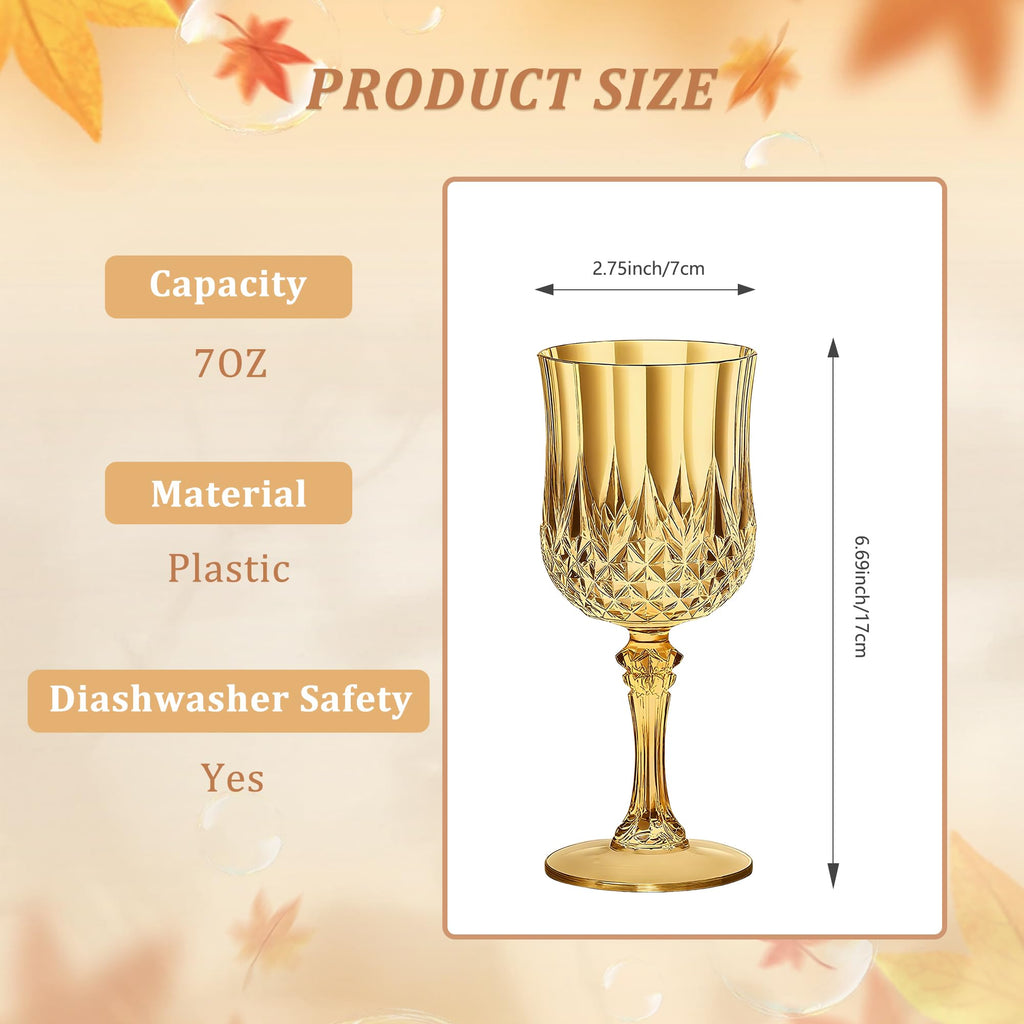 HTTBEIZI 7OZ Plastic Wine Glasses, Disposable Goblets Drinking Glasses Crystal Vintage Water Cups Unbreakable Champagne for Wedding, Parties, Valentine’s Day (12, Gold)