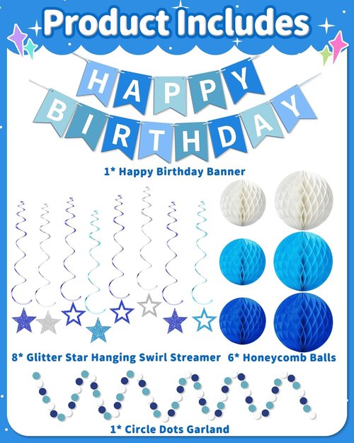 Blue Happy Birthday Decorations - Banner with Honeycomb Balls & Stars | Perfect Party Decor for All Ages