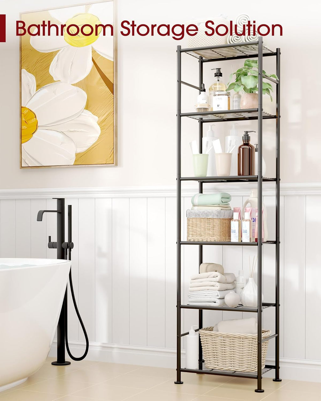 Sakugi 6-Tier Metal Storage Shelves - Slim Organizer with Reinforced Bars for Kitchen & Bathroom | 18.2" x 12.5" x 70.1", Black