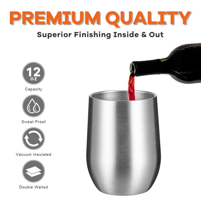 COMOOO 16 Pack 12oz Insulated Wine tumbler with Lid, Stainless Steel Stemless Wine Tumbler,Double Wall Vacuum Wine Tumbler Cups with Straw for Coffee, Cocktails,Beer,Champaign, Silver