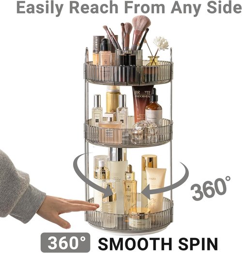 Asayuee 360 Rotating Makeup Organizer - Large 3-Tier Storage for Skincare & Cosmetics | Grey